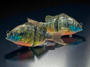 Bluegill Glide Baits studio shot hand painted custom bass lure